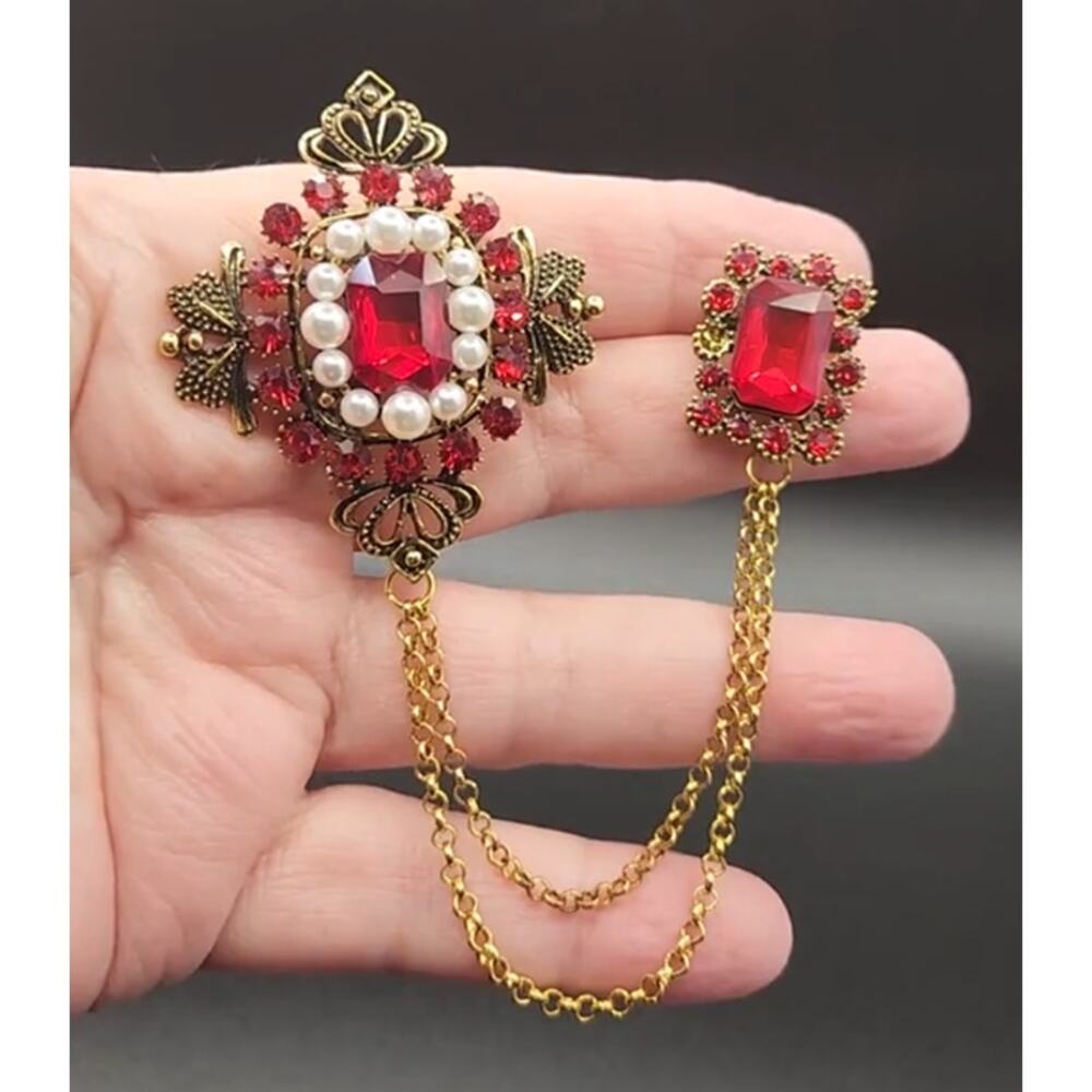 Palace Style Tassel Chain Pendant Brooch Faux Pearl and Red Rhinestones